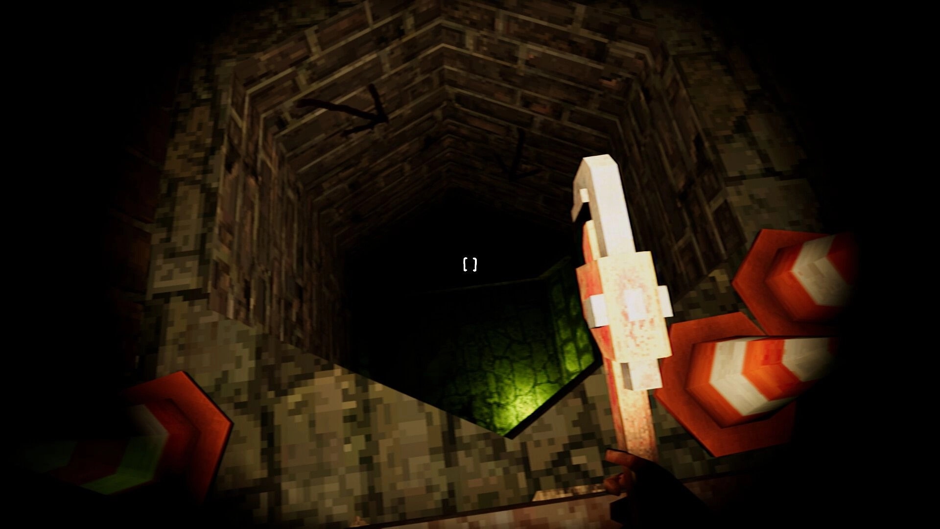 Dweller: Player holding wrench near dark sewer entrance with orange cones and green light below