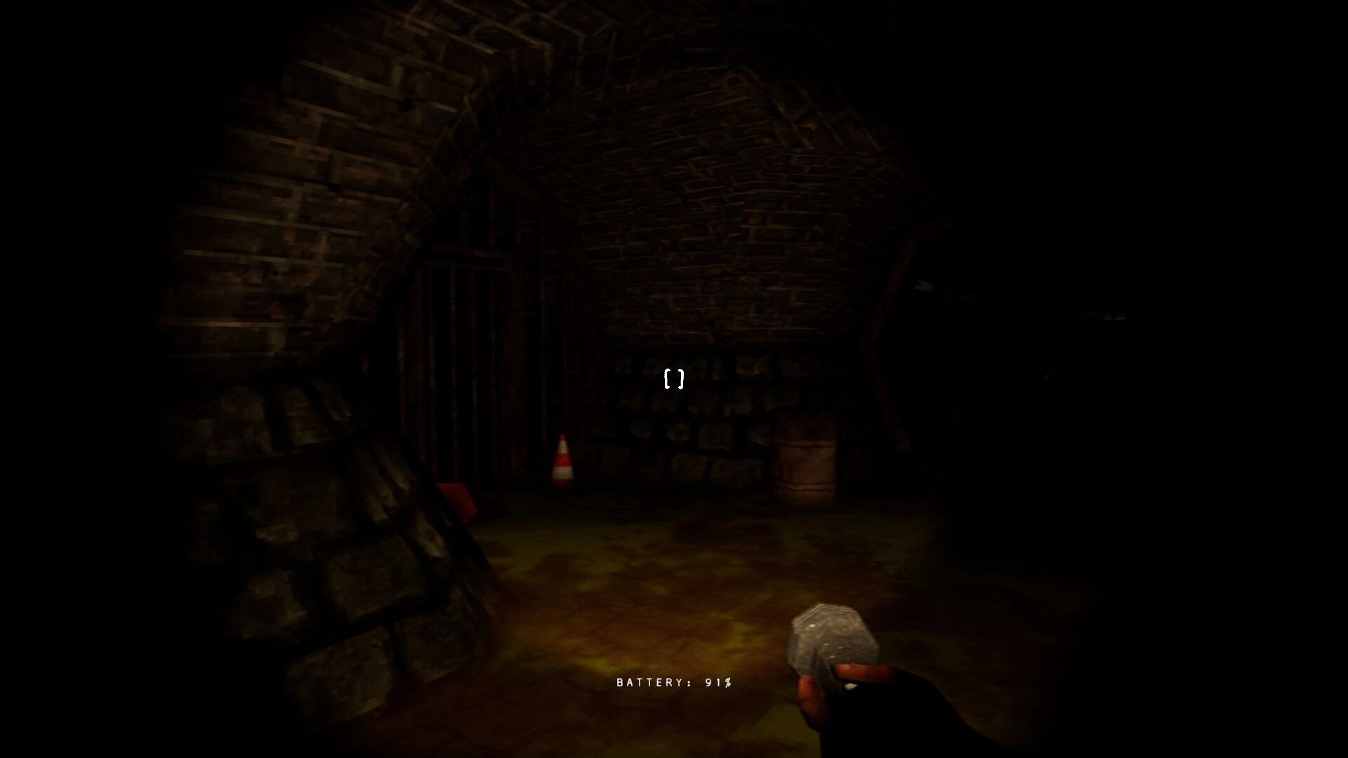 Dweller: Navigating dark sewer with flashlight, battery level at 91%, traffic cone in background