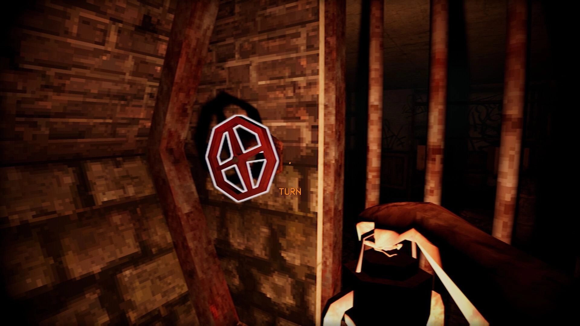 Dweller: Player hand holding lantern near rusty valve with "TURN" prompt in dimly lit brick sewer.