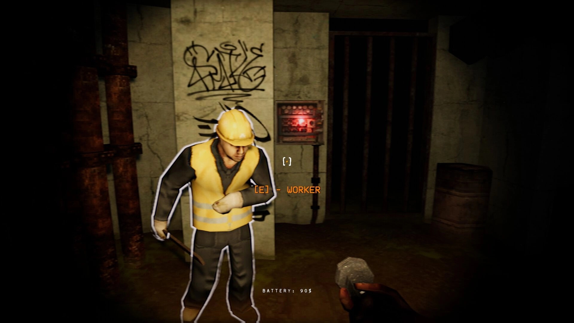 Dweller: Interaction with worker in dimly lit sewer, highlighted UI prompts and battery status visible.