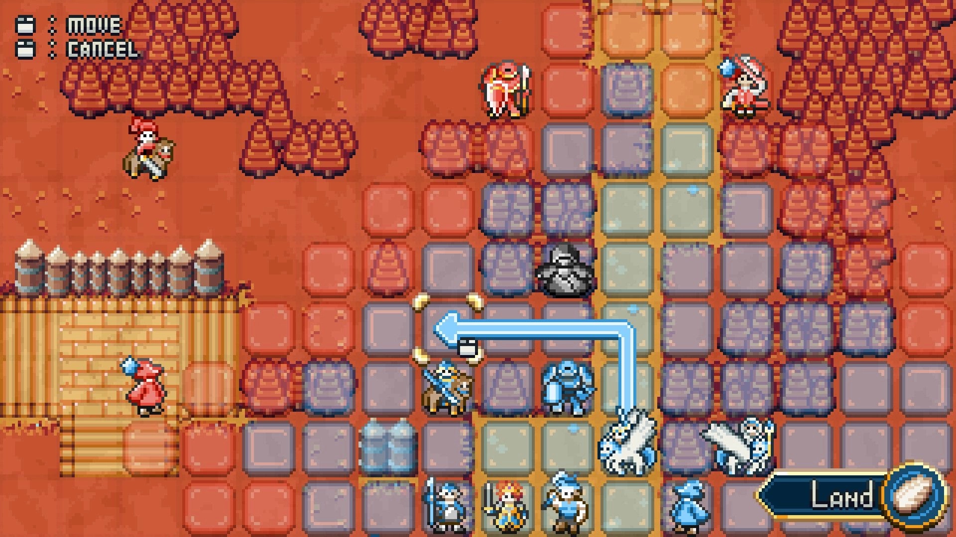 Dyadem: Tactical grid movement with knights and mages on a desert battlefield, action menu visible.