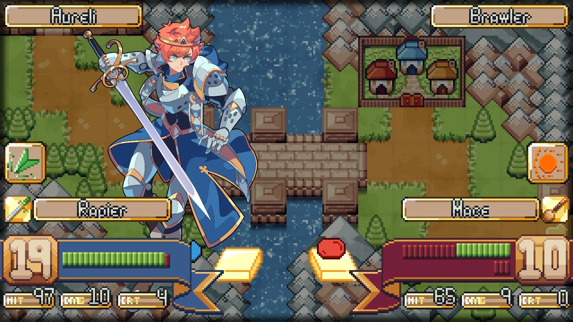 Dyadem: Aureli battles Brawler on a bridge with combat stats, health bars, and weapon details shown.