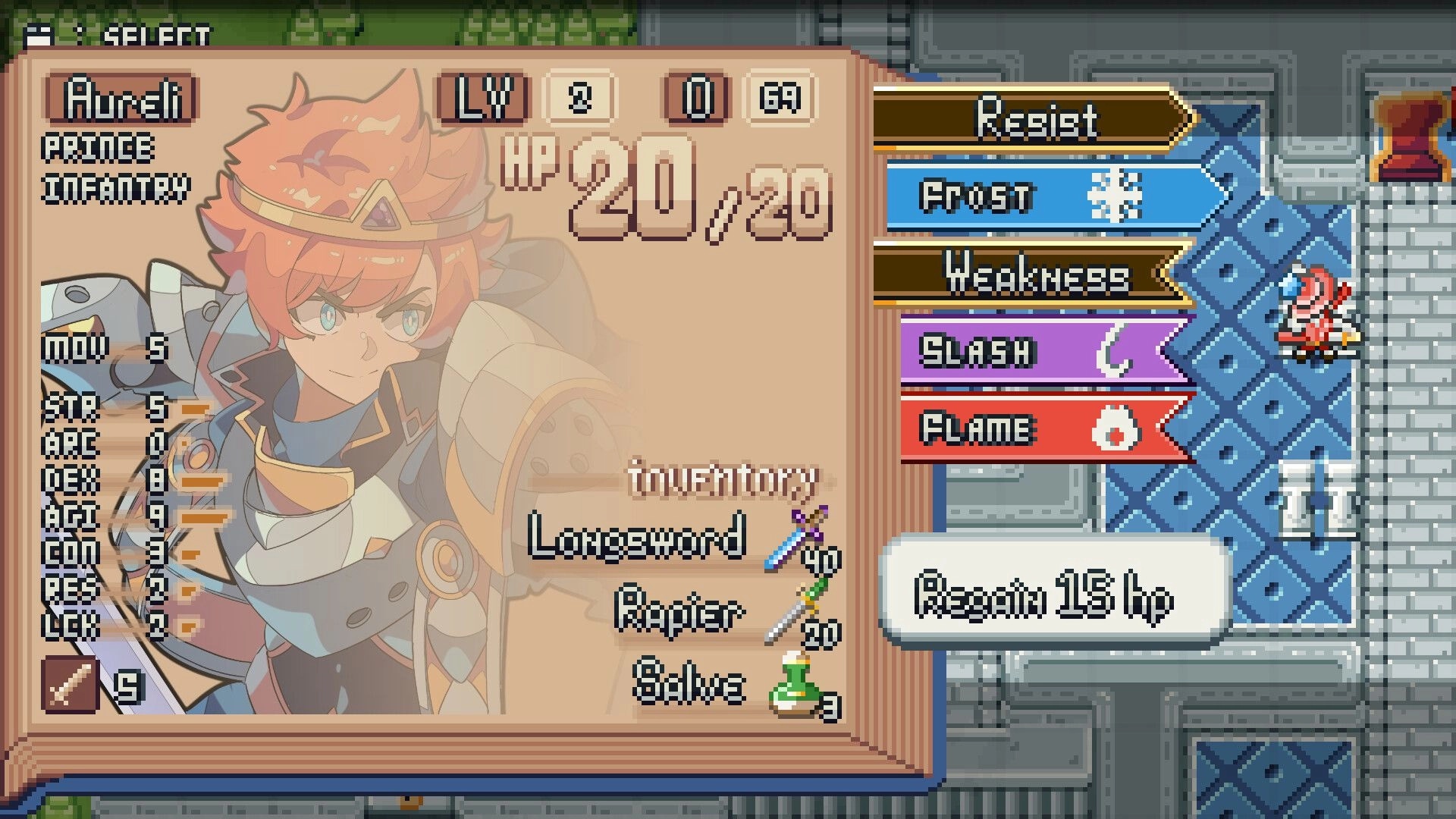 Dyadem: Aureli's character stats and inventory menu in a tactical game setting with resistances listed.