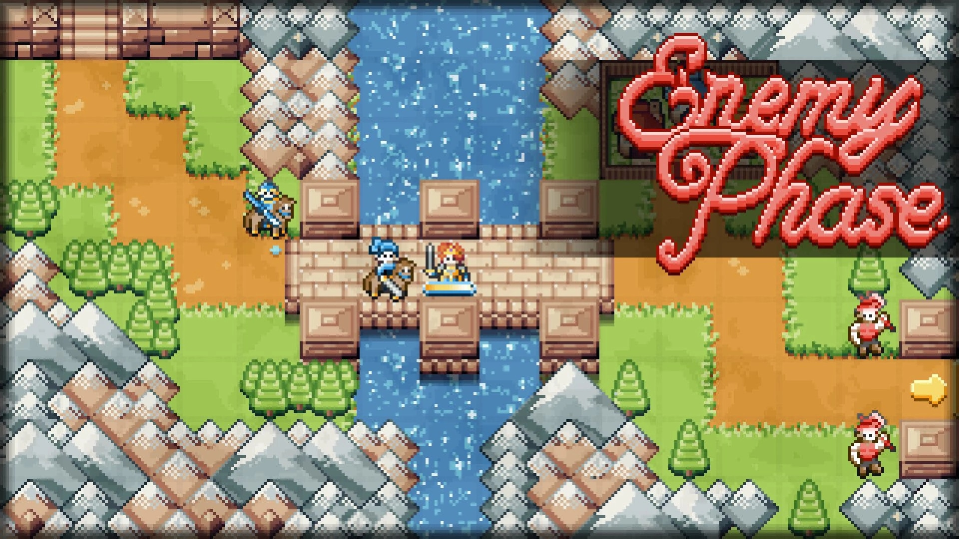 Dyadem: Enemy phase begins on a bridge with two characters, river flowing below, surrounded by terrain.