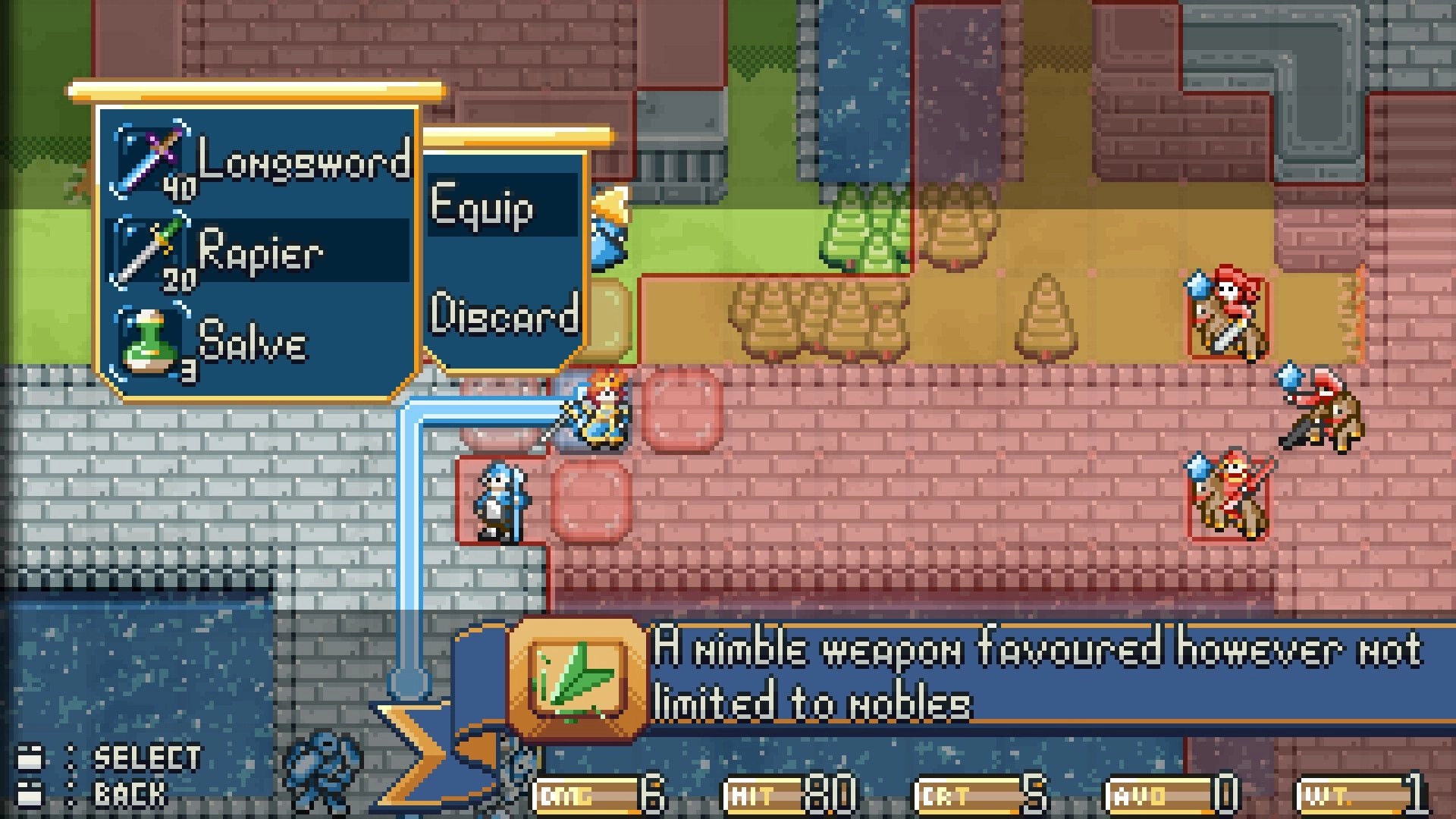 Dyadem: Character equips a rapier in a tactical grid environment with enemy units in the distance
