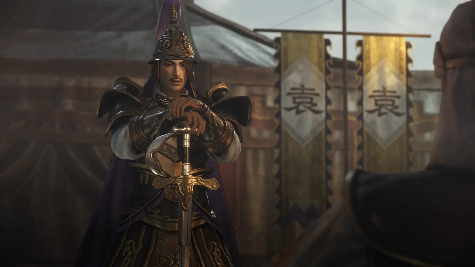 DYNASTY WARRIORS: Warrior in ornate armor stands solemnly with sword in military camp setting.