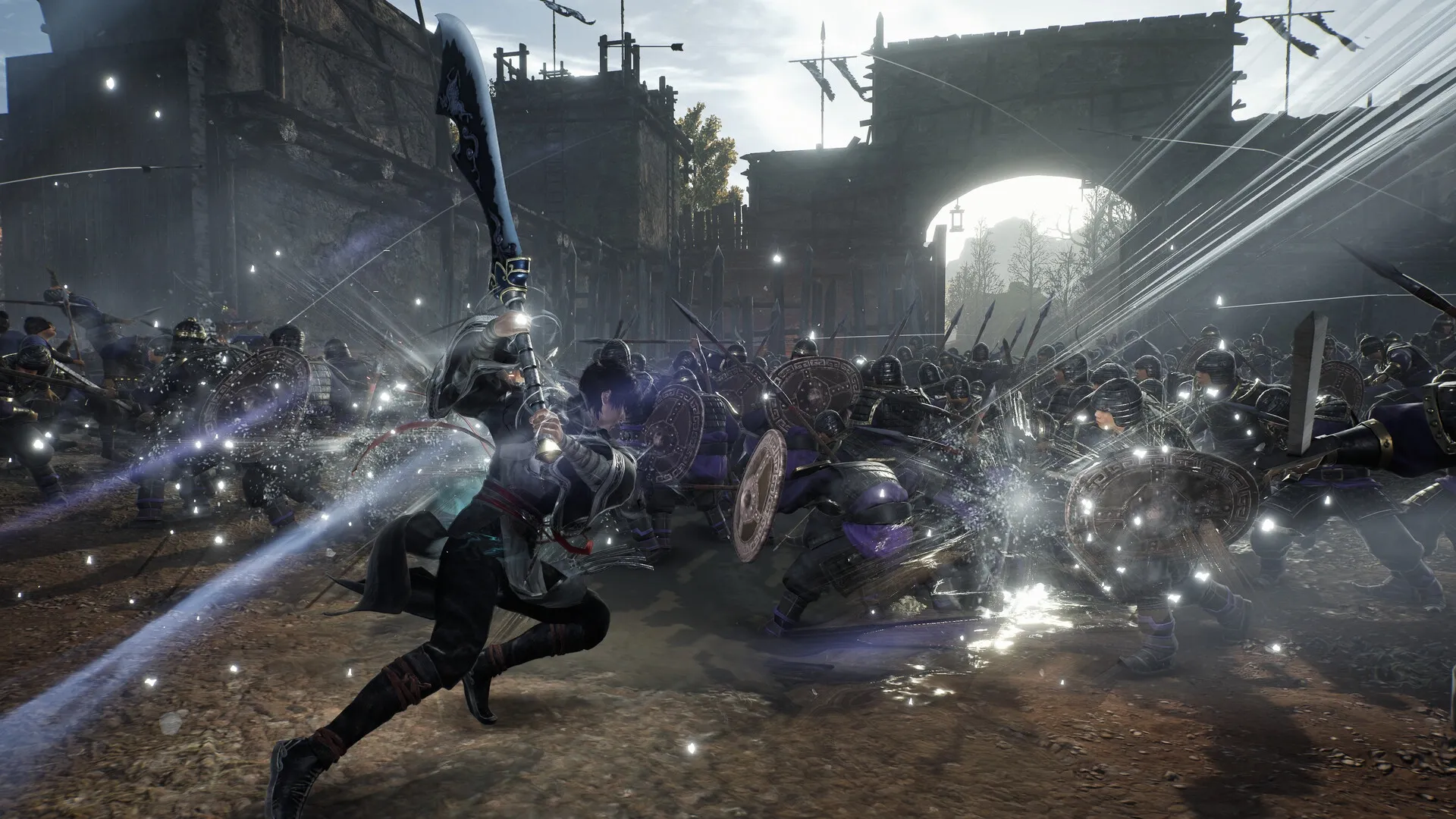 DYNASTY WARRIORS: Hero in dynamic combat with soldiers amid the intense battle at Sishui Gate.
