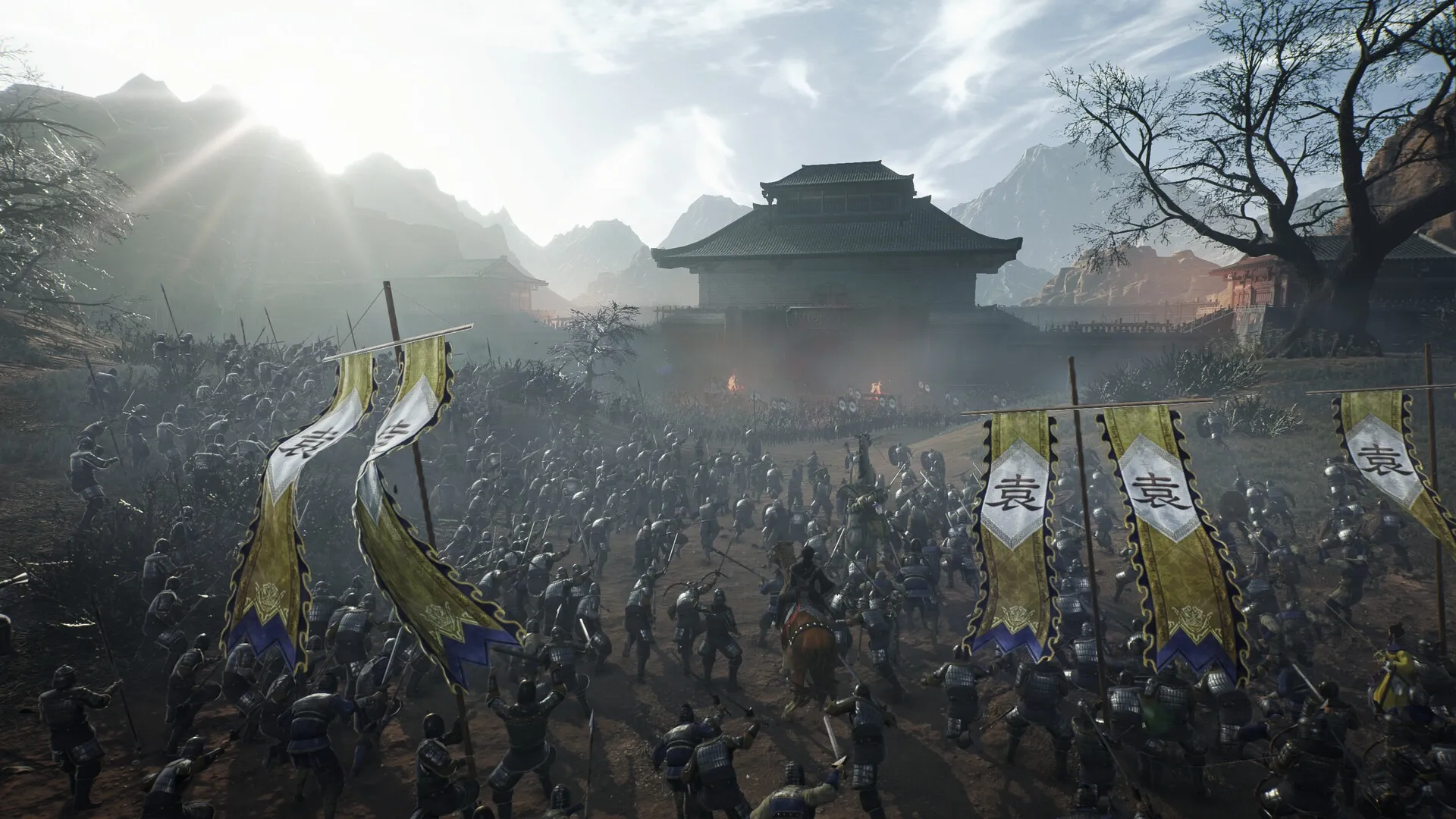 DYNASTY WARRIORS: Massive army clash at Sishui Gate with soldiers and banners under a bright sky