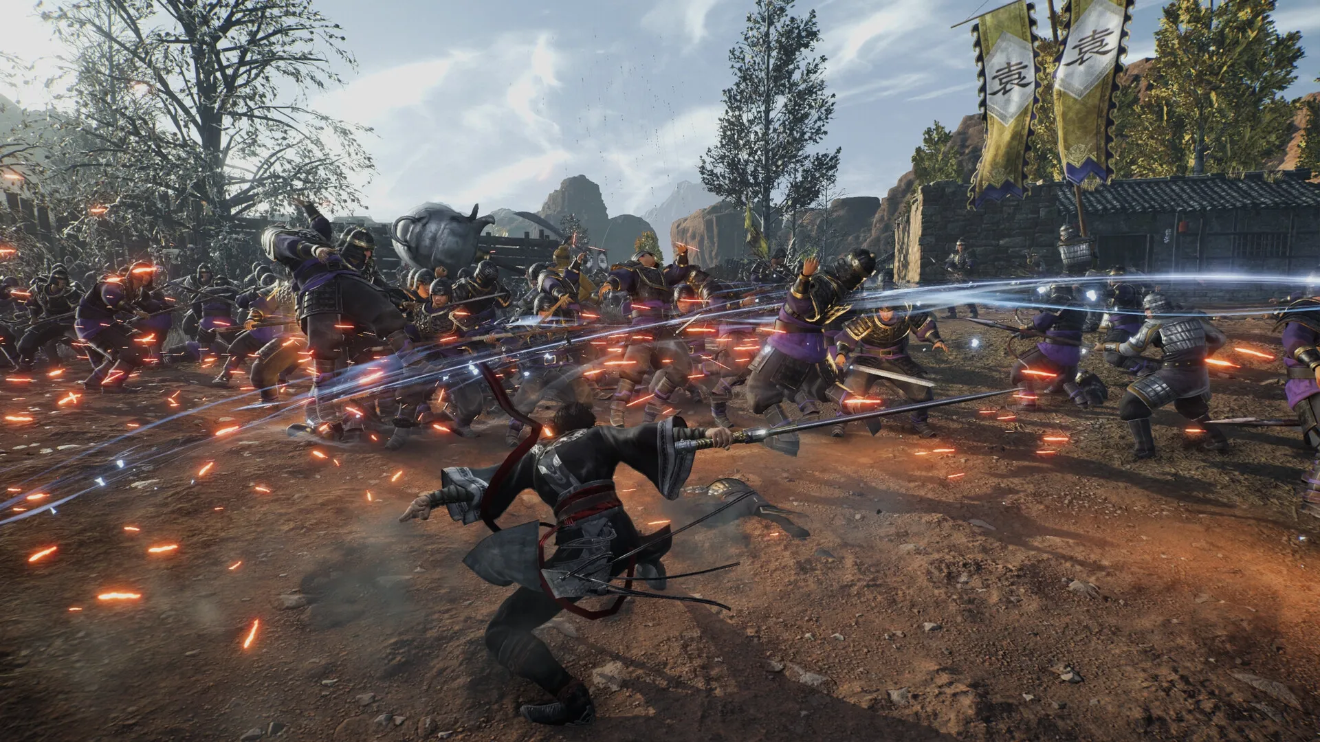 DYNASTY WARRIORS: Intense combat with warrior slashing through enemy soldiers in a vibrant battlefield setting.