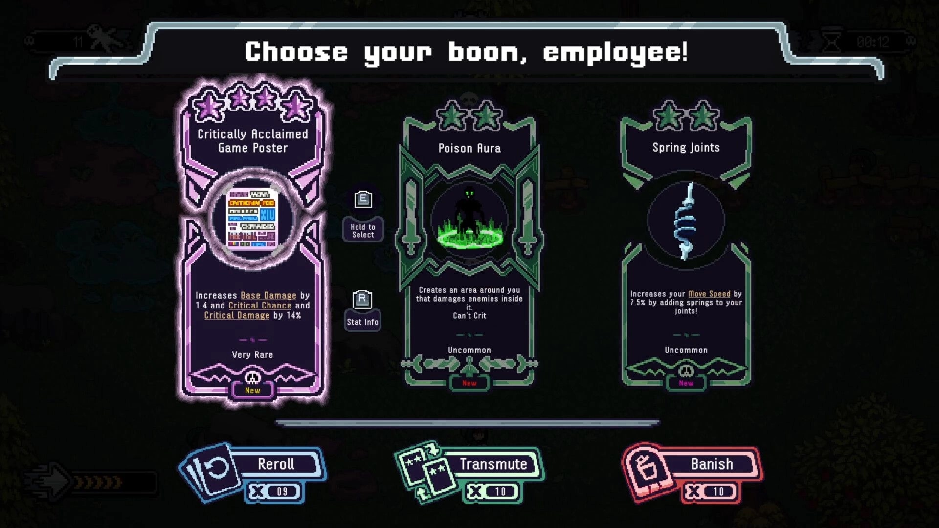 E-Lich: Boon selection screen with options for Critically Acclaimed Game Poster, Poison Aura, Spring Joints