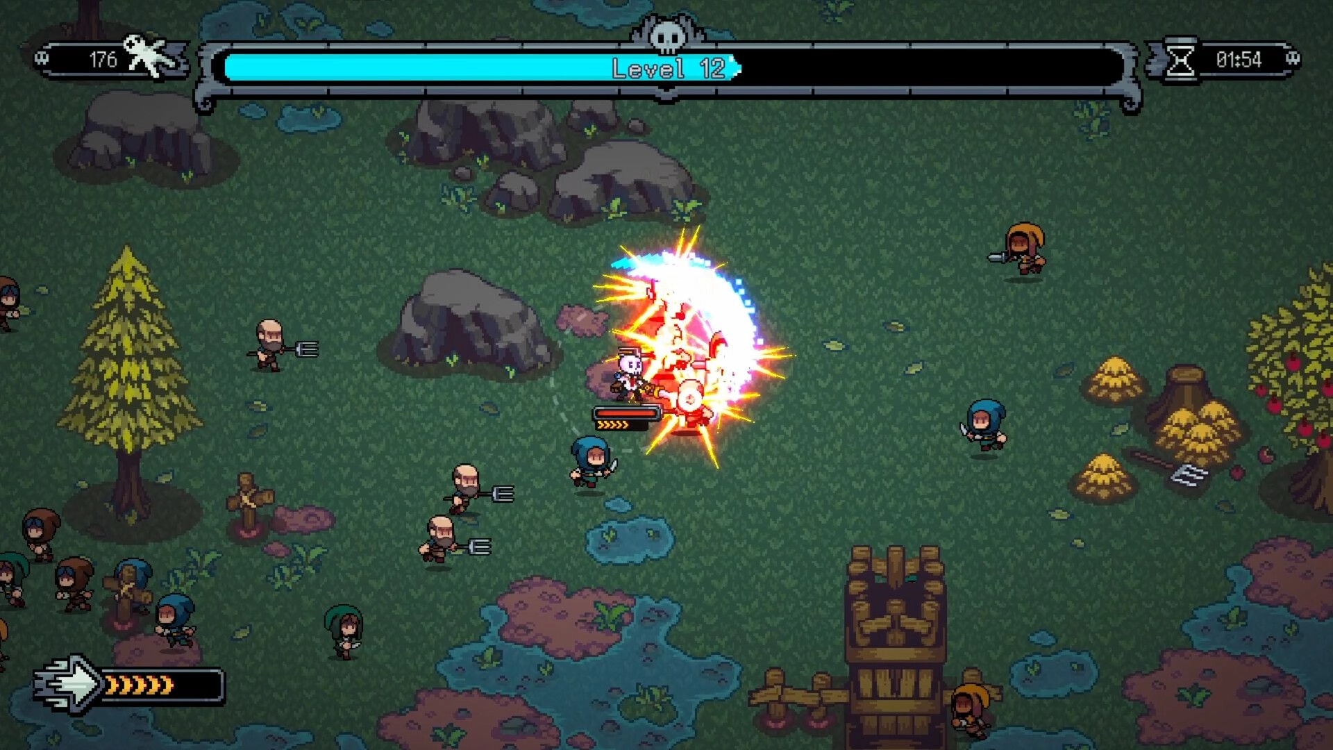 E-Lich: Character battling enemies with energy blast in grassy field, level 12 progress bar shown
