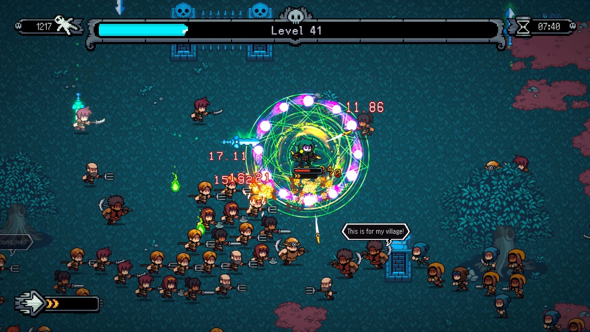 E-Lich: Character casting a spell surrounded by enemies in a forest, with health bar and level visible