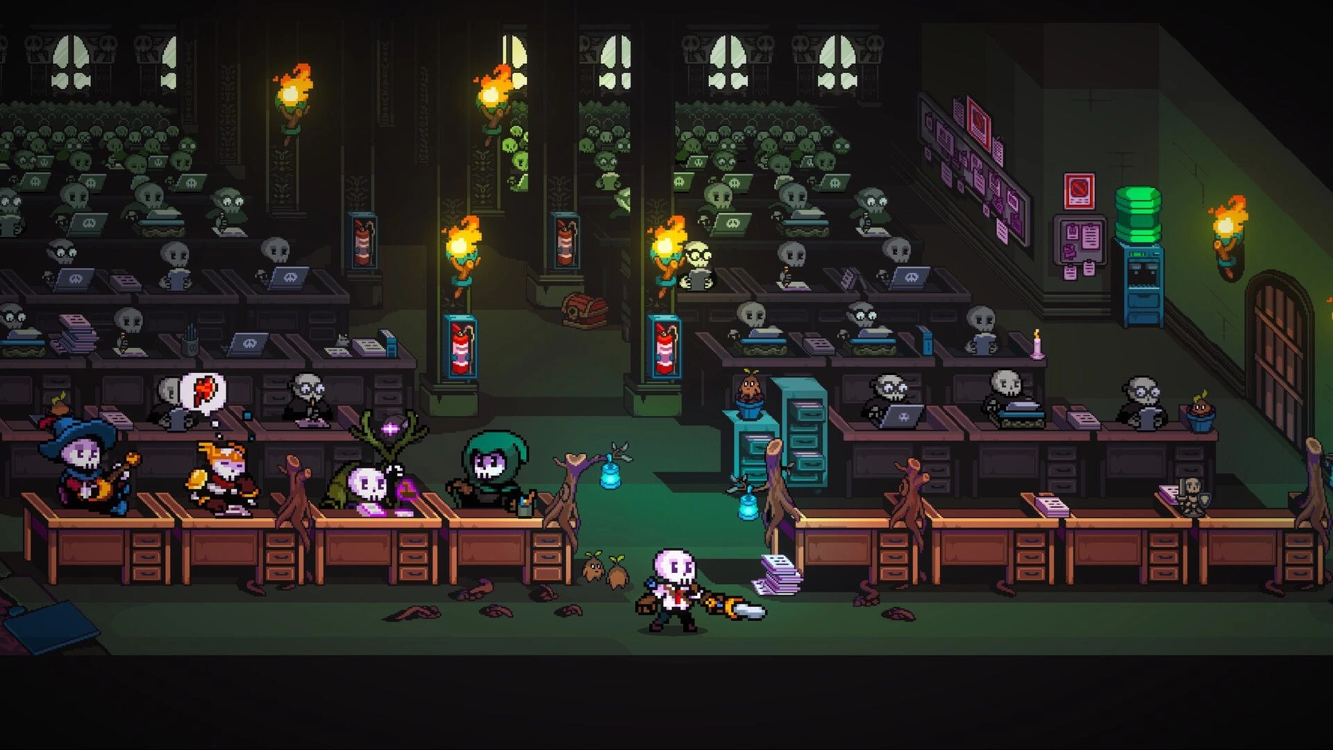 E-Lich: Undead workers at desks in a dark, spooky office with glowing torches and paper stacks.