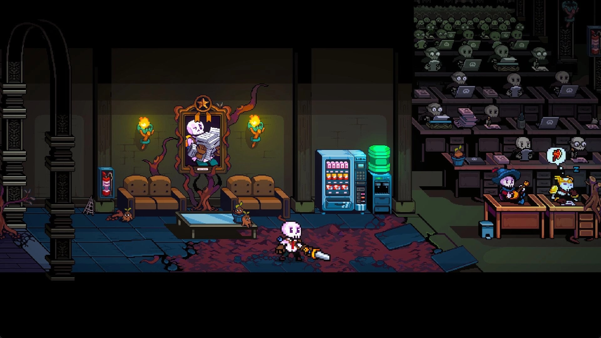 E-Lich: Skeleton office workers at desks, character with chainsaw in lobby with vending machines