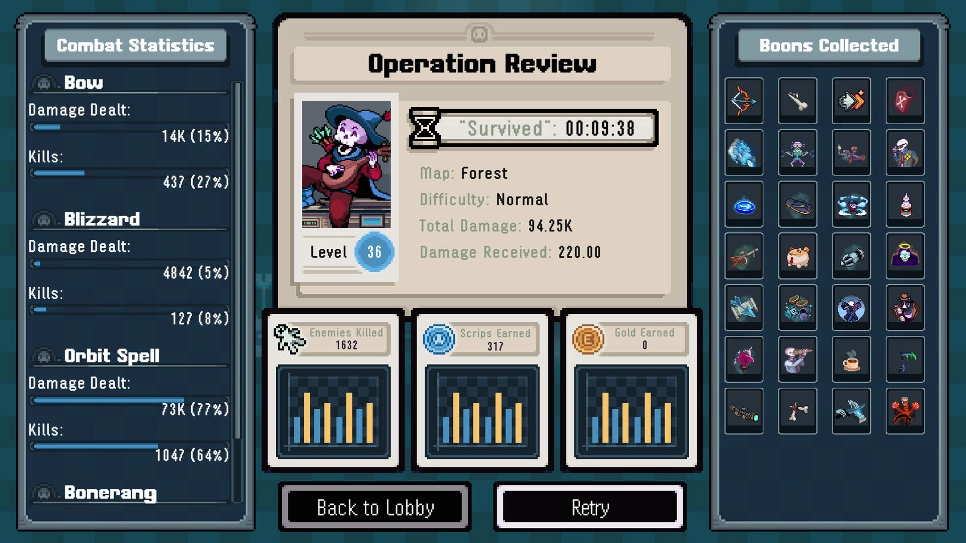 E-Lich: Operation Review screen with combat stats, character level 36, and collected boons in forest.