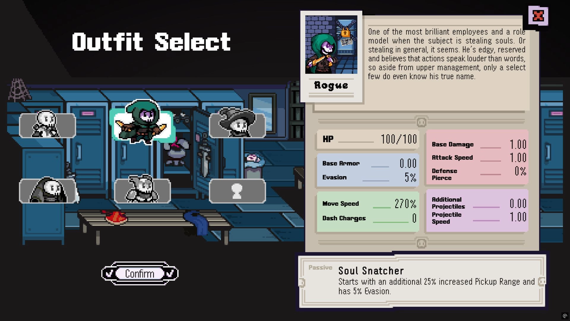 E-Lich: Outfit selection screen with Rogue stats displayed in a locker room environment.