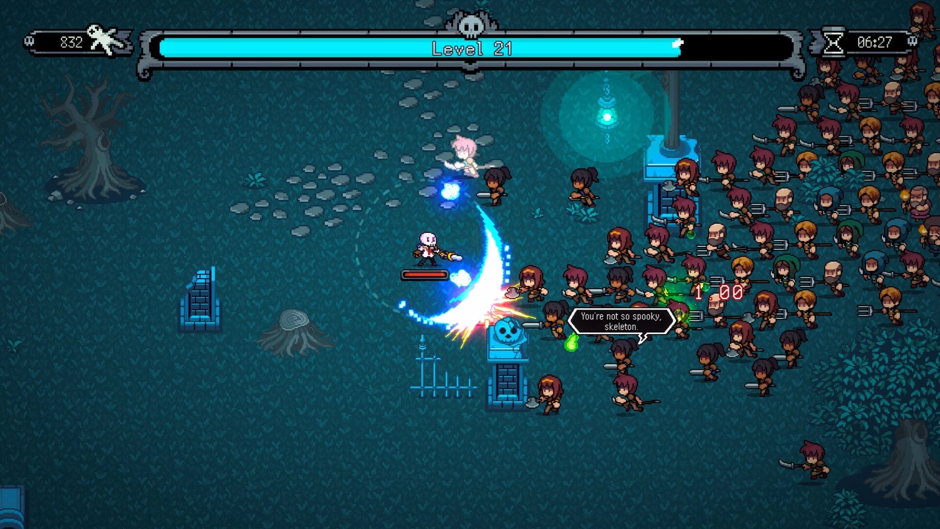 E-Lich: Skeleton warrior battling hordes of enemies in a forest setting with dialogue bubbles.