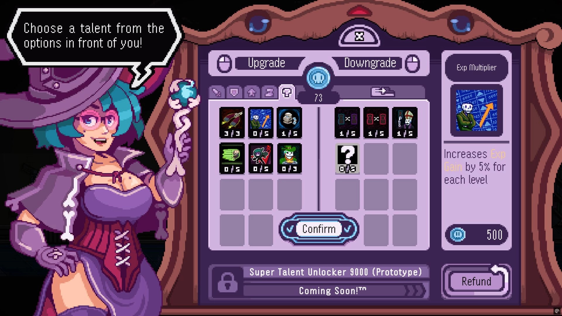 E-Lich: Character in wizard attire guides talent selection screen with upgrade and downgrade options.