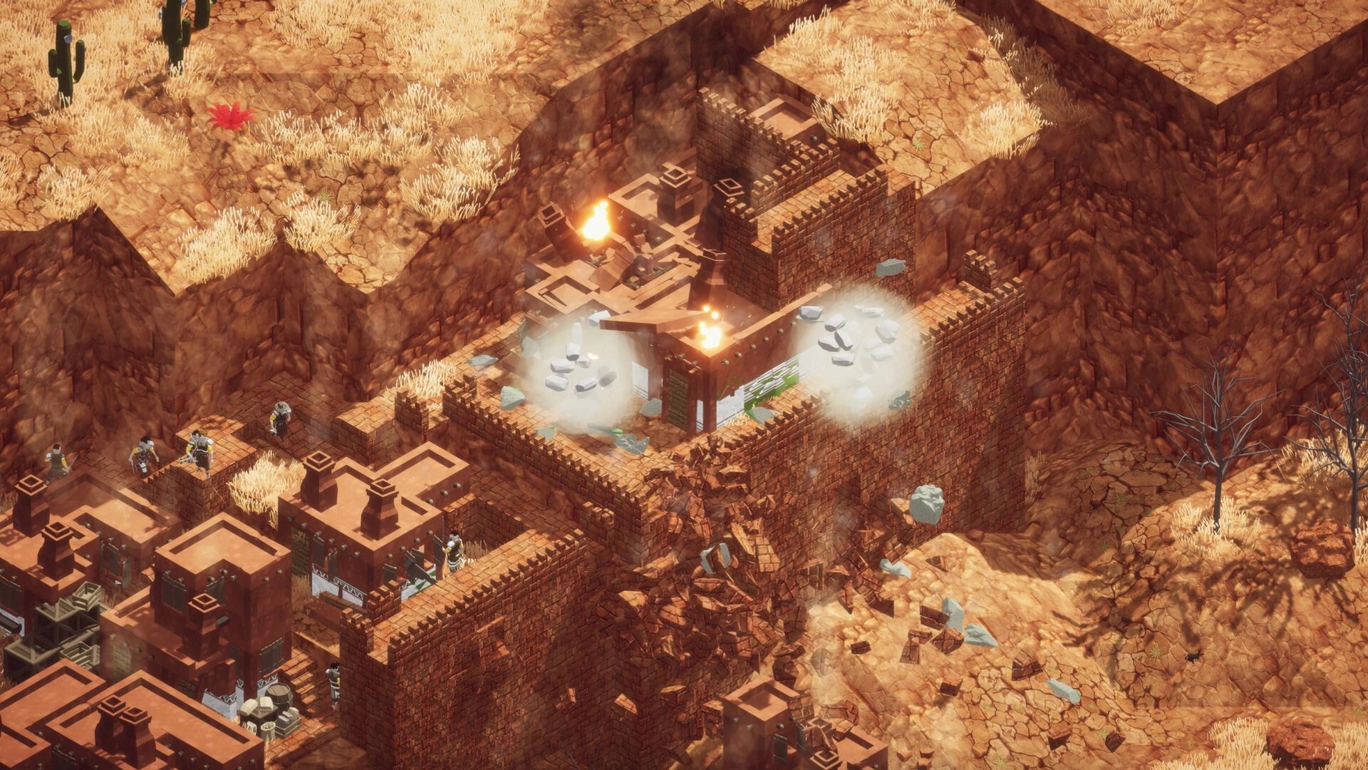 Earth of Oryn: Medieval fortress under attack with soldiers defending amidst rubble and smoke