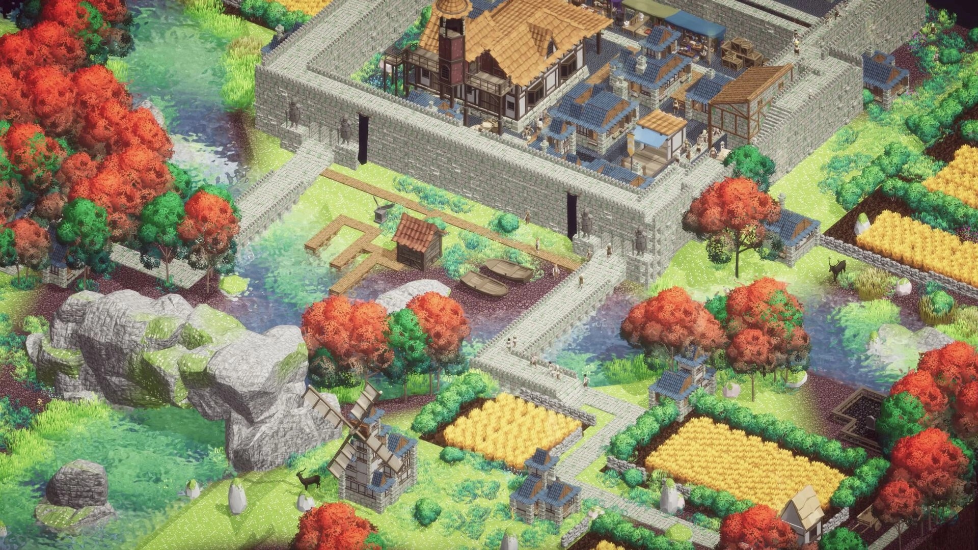 Earth of Oryn: Aerial view of medieval town with stone walls, vibrant trees, and farmland patches