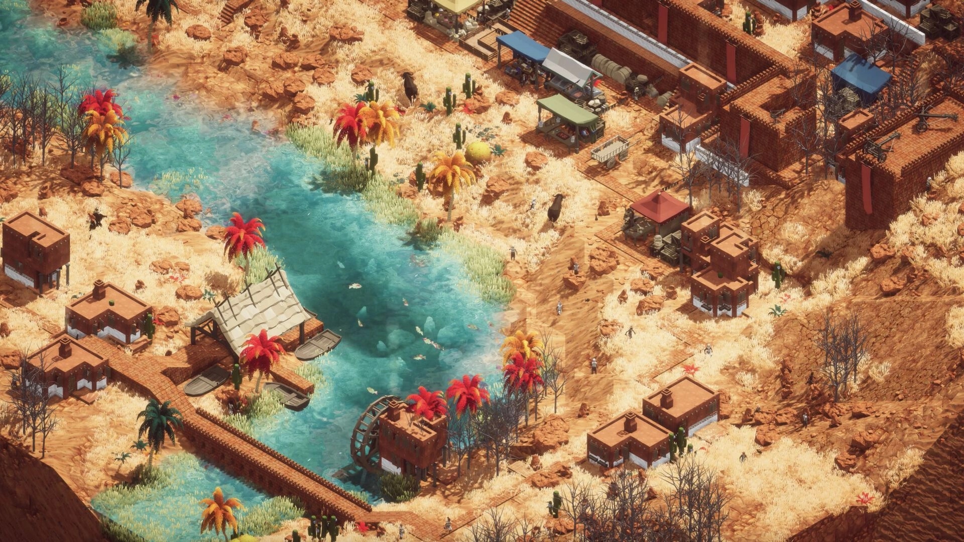 Earth of Oryn: Village overview with colorful trees, a river, and medieval buildings in arid landscape