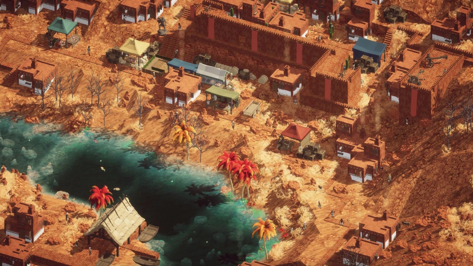 Earth of Oryn: Medieval village with market stalls and vibrant lake surrounded by rocky terrain