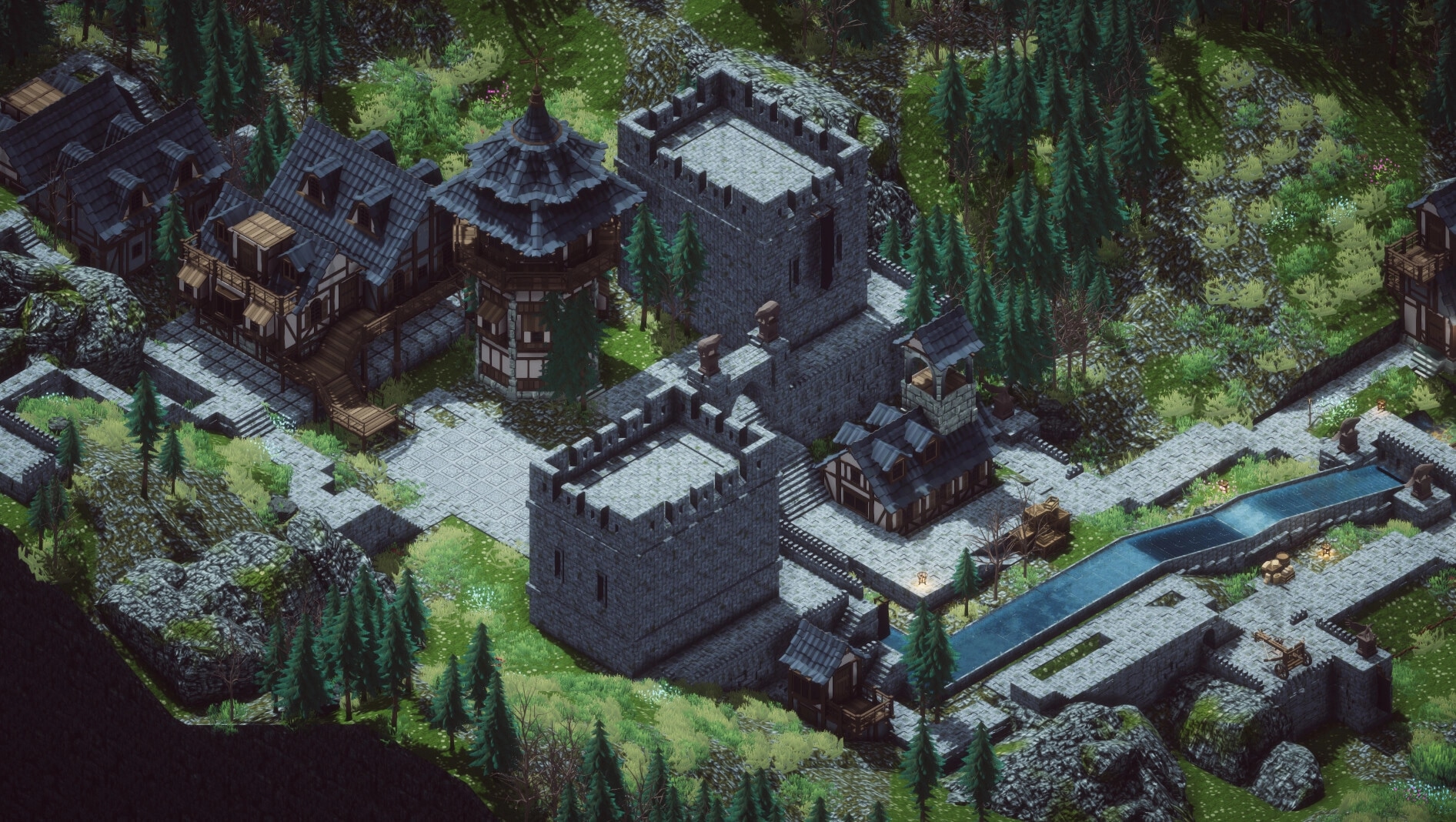 Earth of Oryn: Aerial view of medieval castle and village surrounded by dense forest and stone paths