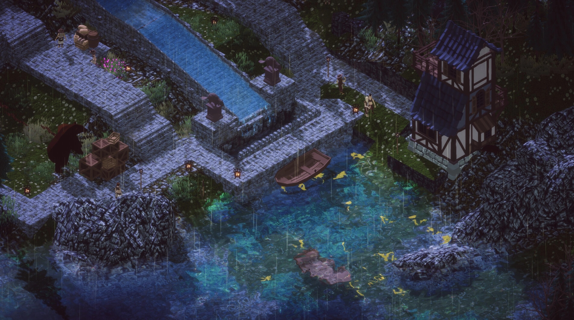 Earth of Oryn: Medieval village with stone bridge over water, small boat docked, and rustic house nearby
