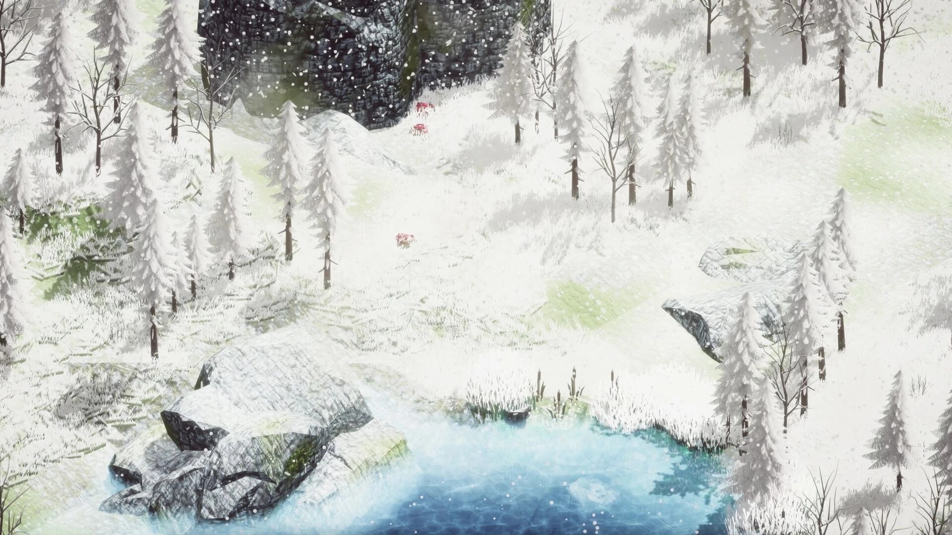 Earth of Oryn: Snowy forest landscape with a frozen pond and scattered pine trees in a winter setting