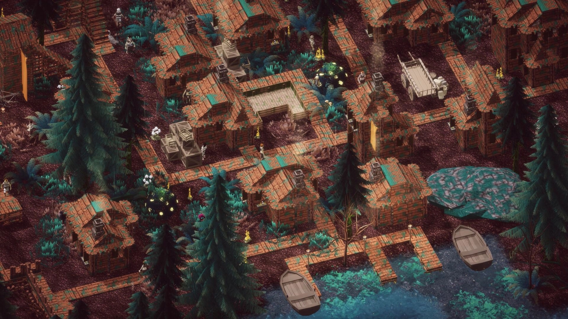 Earth of Oryn: Overhead view of a medieval village with wooden houses, paths, and a nearby river.