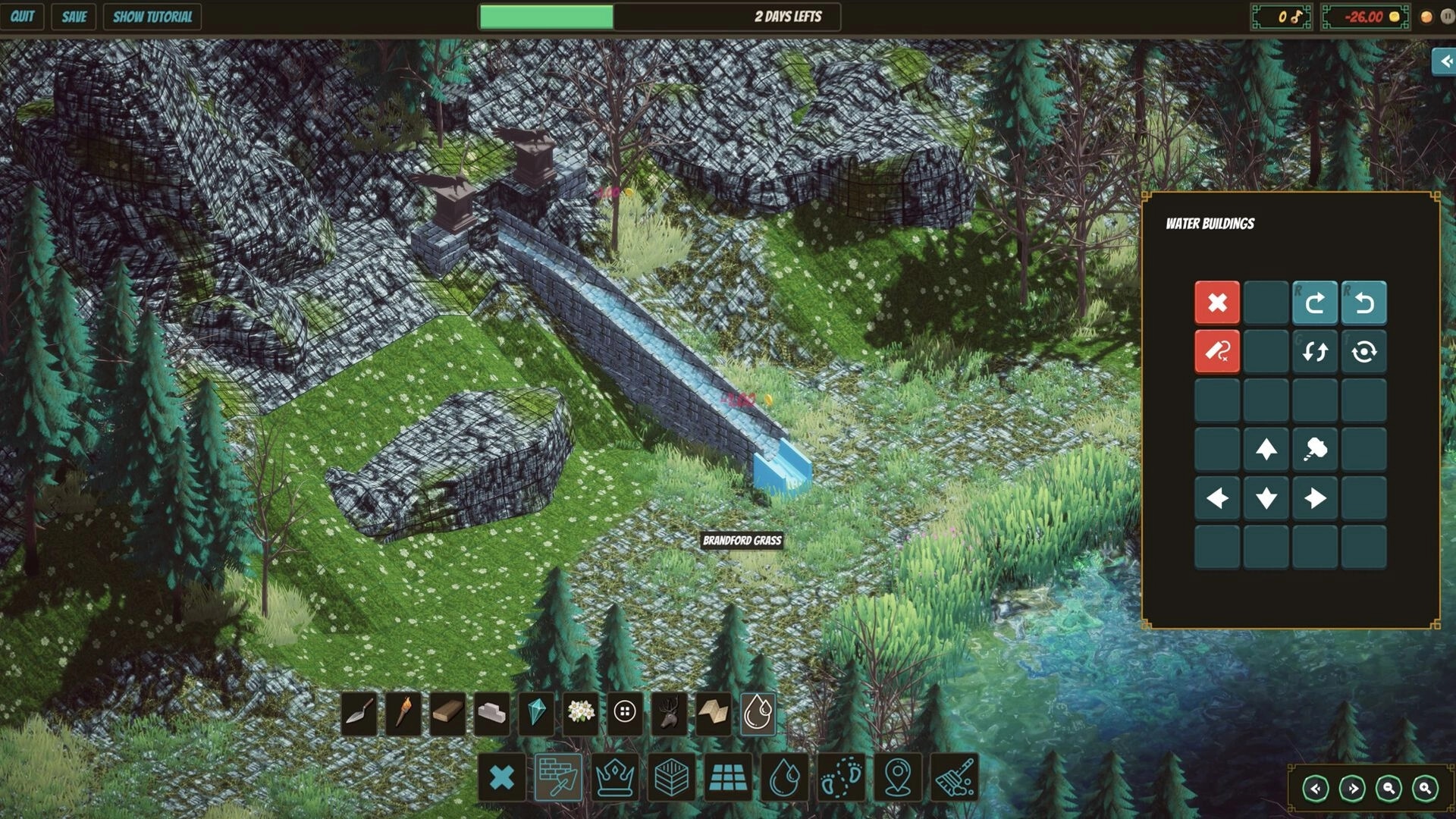Earth of Oryn: Water buildings menu open next to forested area with stone aqueduct and lush greenery