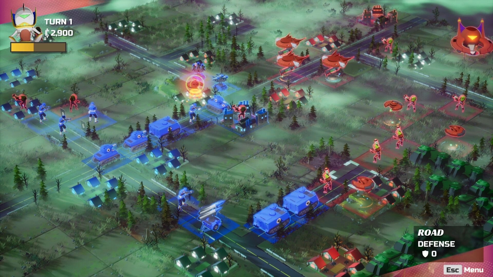 Earth vs Mars: Blue and red forces clash on a grid map with tanks and soldiers in a forested area.