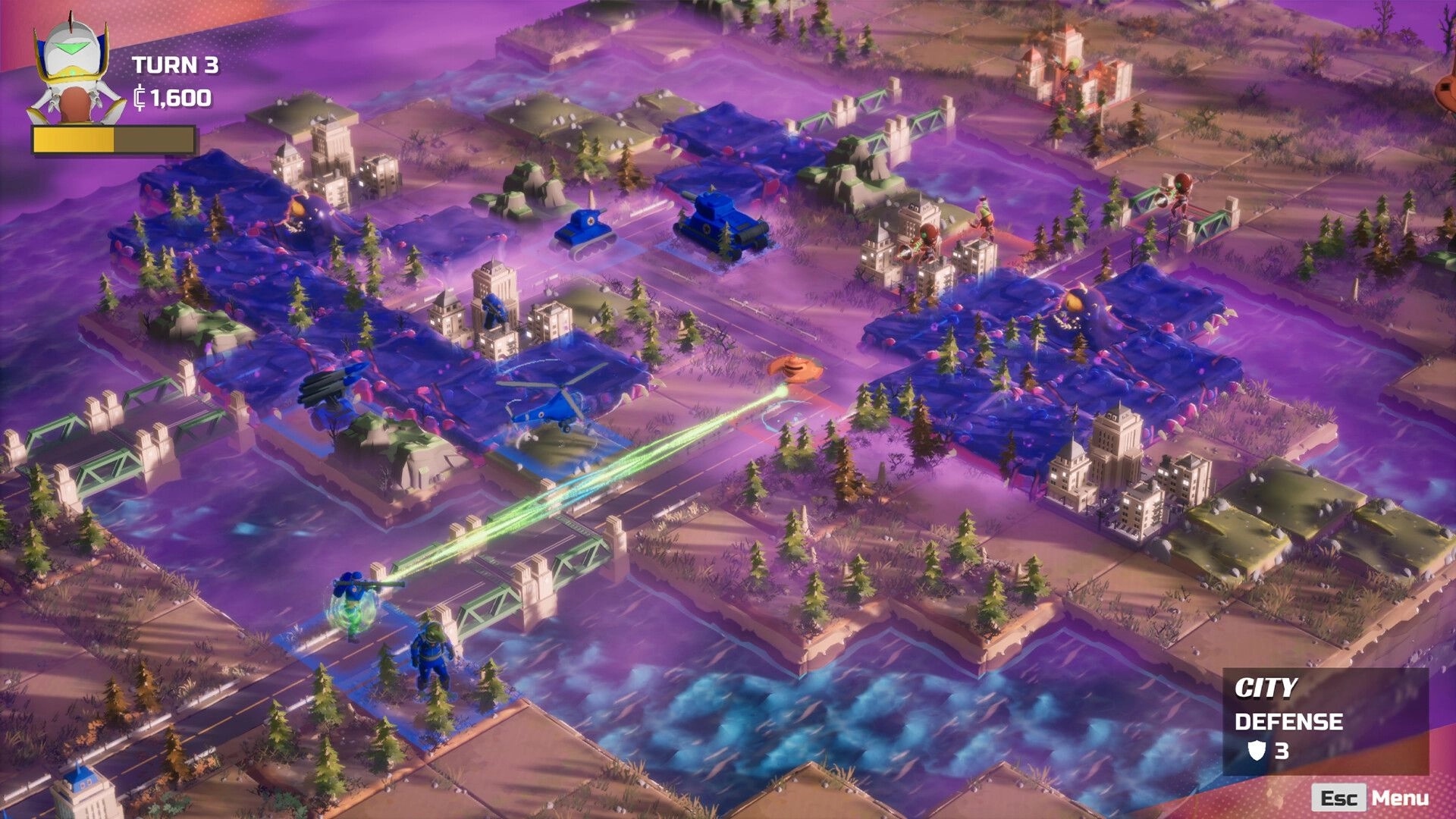 Earth vs Mars: Turn 3 strategy with tanks and helicopters on a grid map with purple terrain and buildings