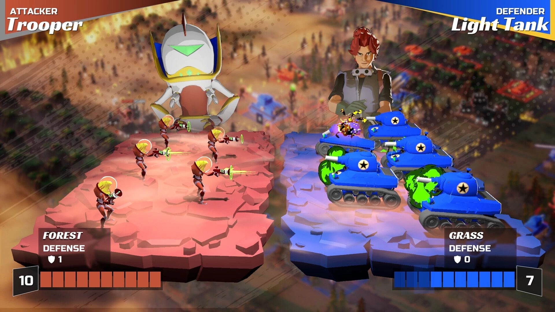 Earth vs Mars: Troopers face off against light tanks on red and blue terrain, each with defense stats.