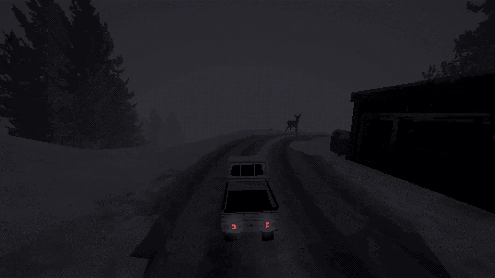Easy Delivery Co.: Driving uphill at night with a deer on the road, surrounded by snow-covered trees.
