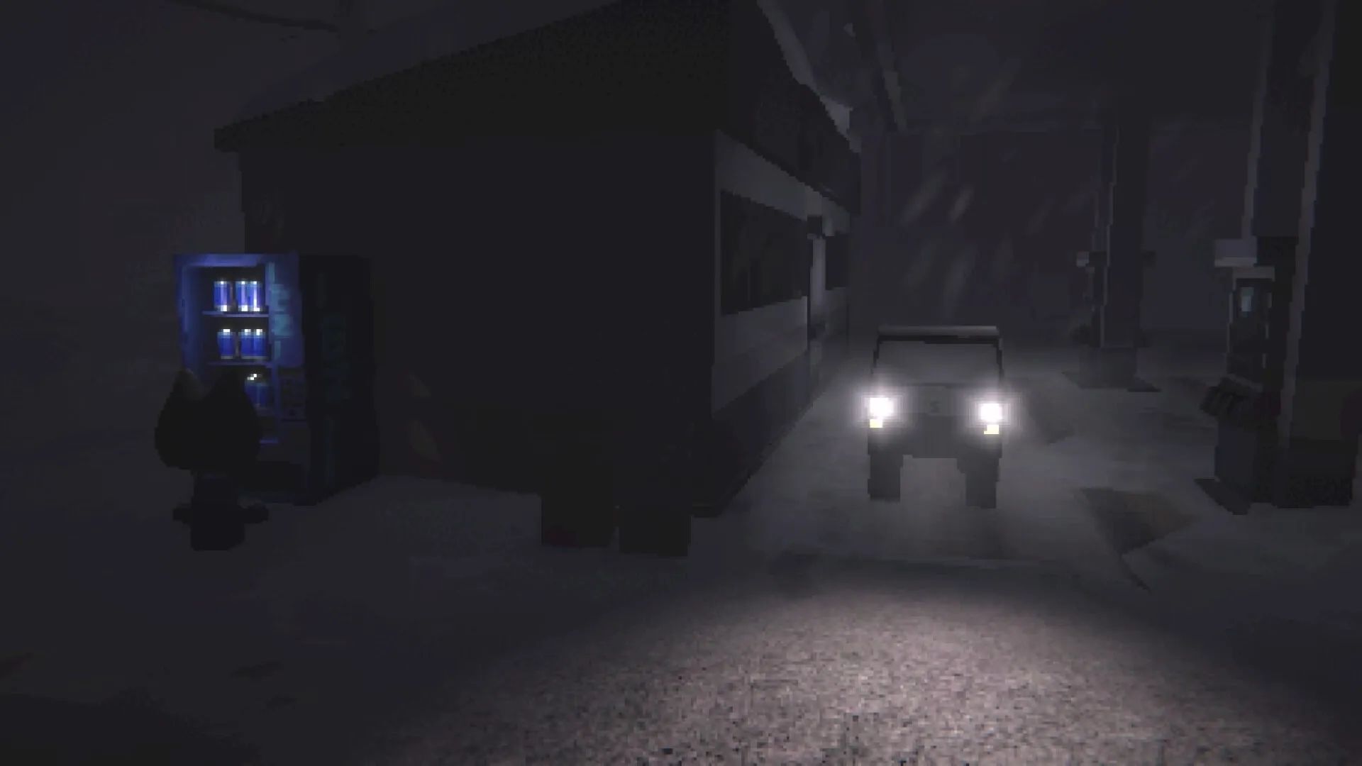 Easy Delivery Co.: Van with headlights on approaches vending machine at night in dark, desolate area.