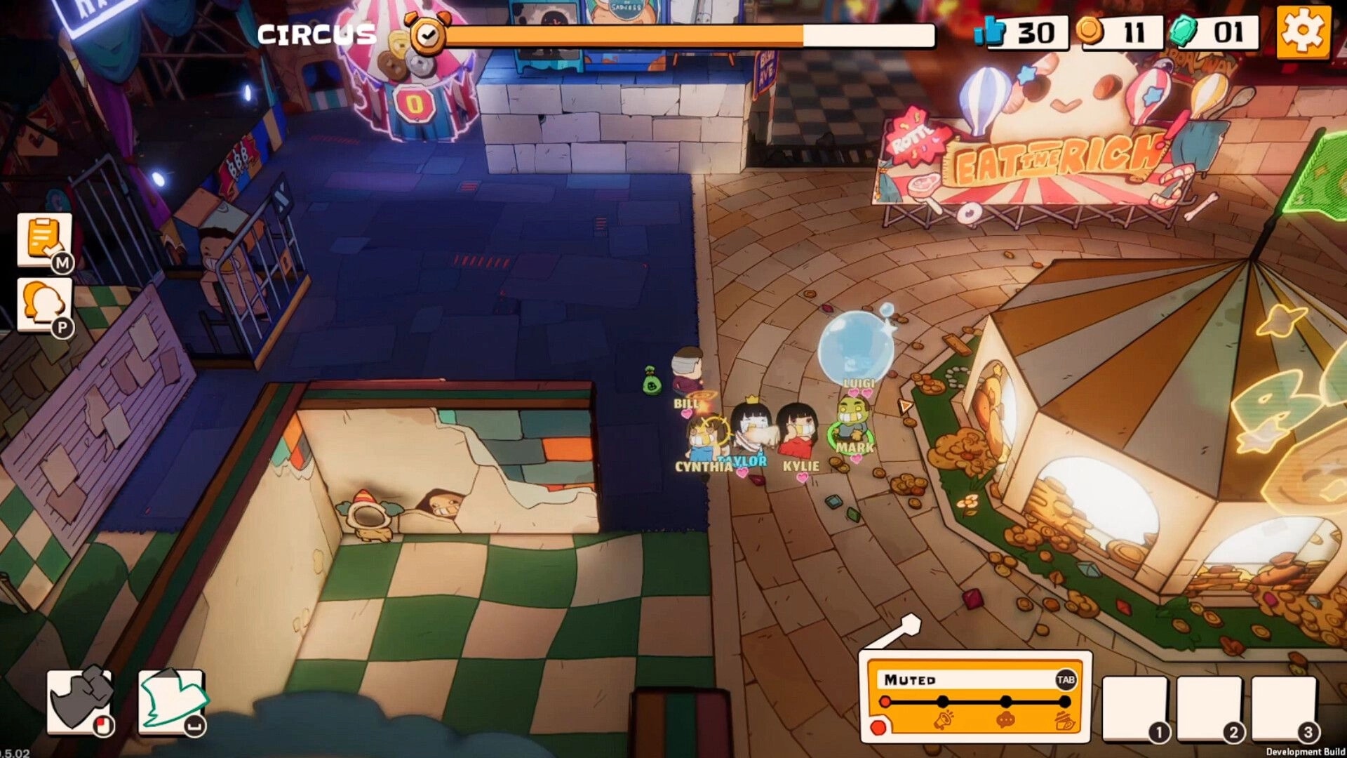 Eat the Rich: Group of players named Cynthia, Taylor, Kylie, Mark in a festive circus setting