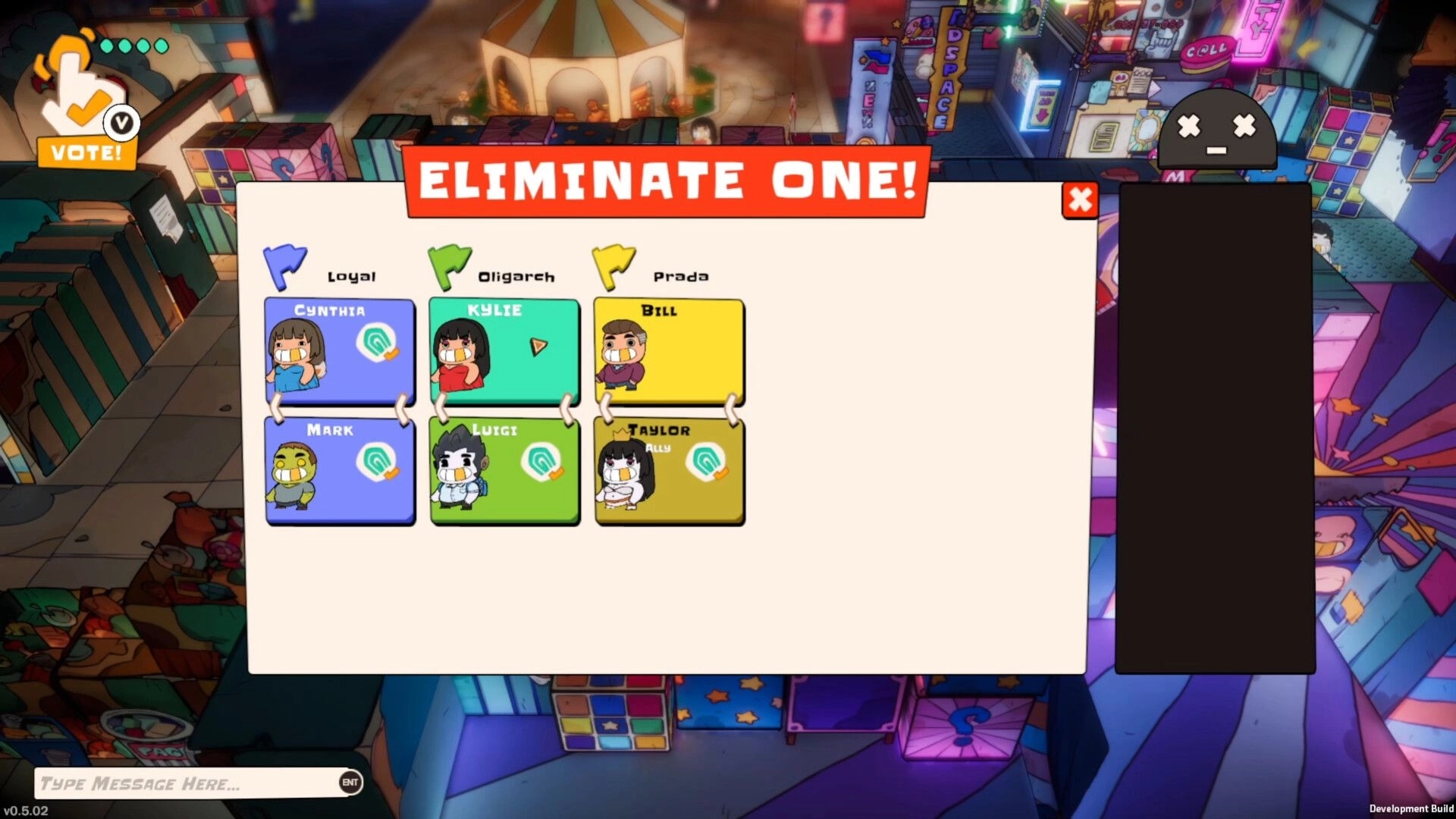 Eat the Rich: Voting interface with characters Cynthia, Kylie, Mark, Bill, Luigi, and Taylor in a carnival setting