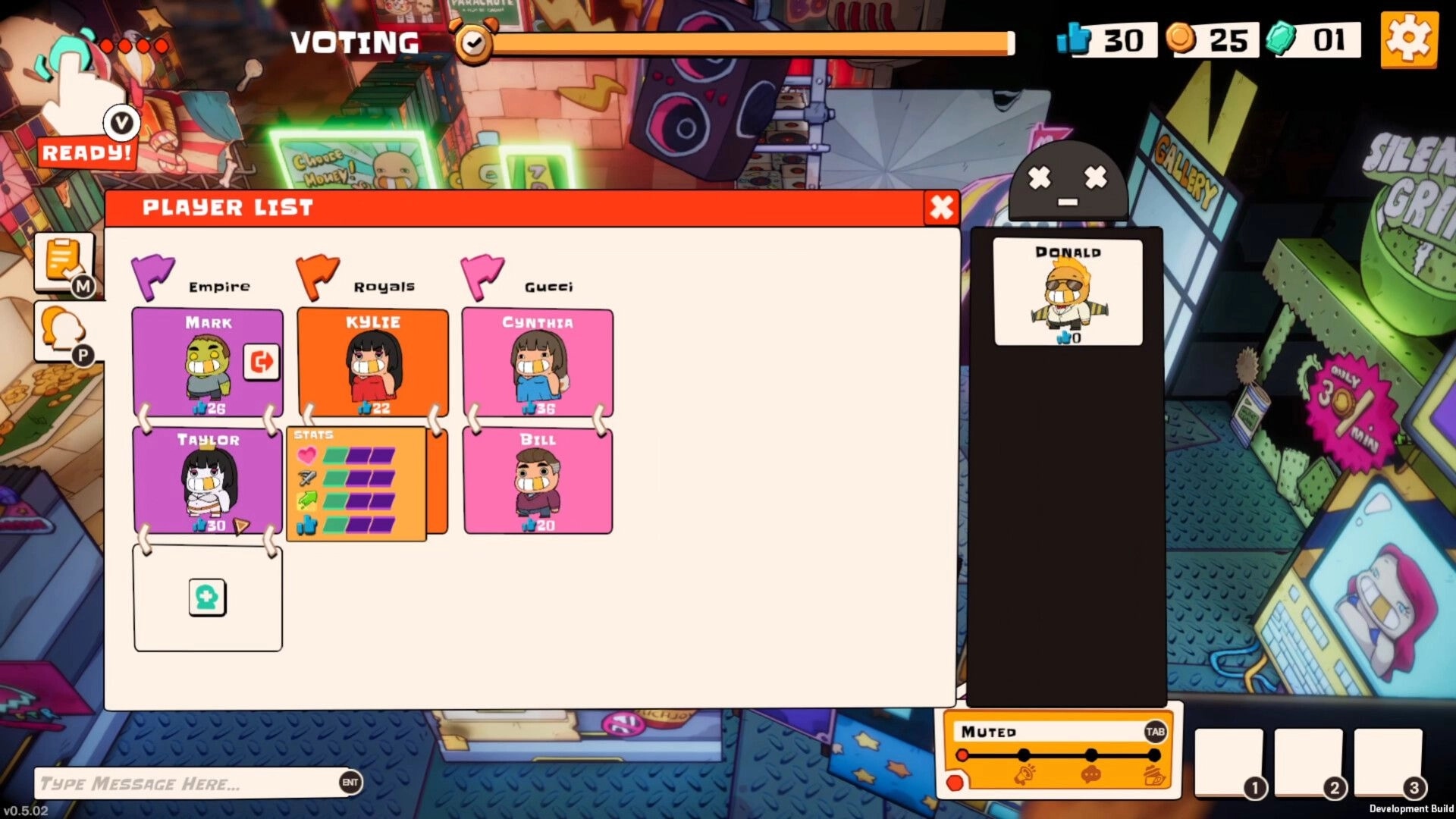 Eat the Rich: Voting screen with player list and stats in a colorful urban environment