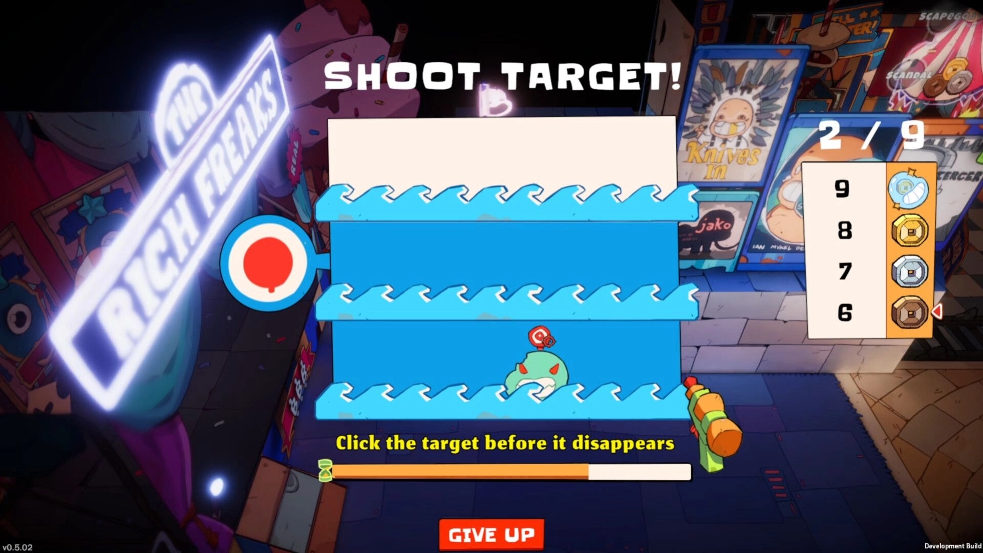 Eat the Rich: Target shooting mini-game with score panel in a colorful arcade setting