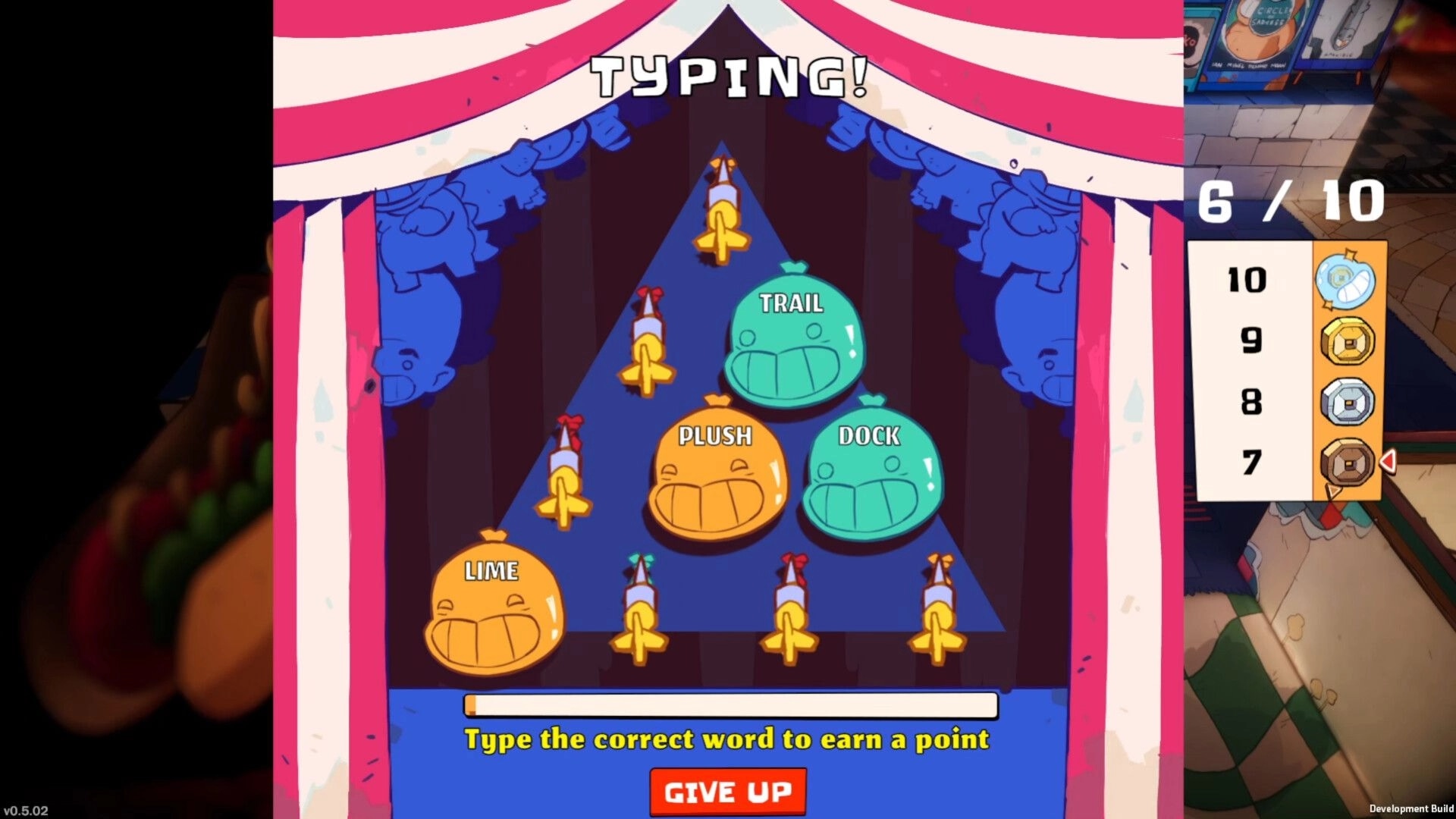 Eat the Rich: Typing mini-game with colorful words and score panel in a carnival-themed setting