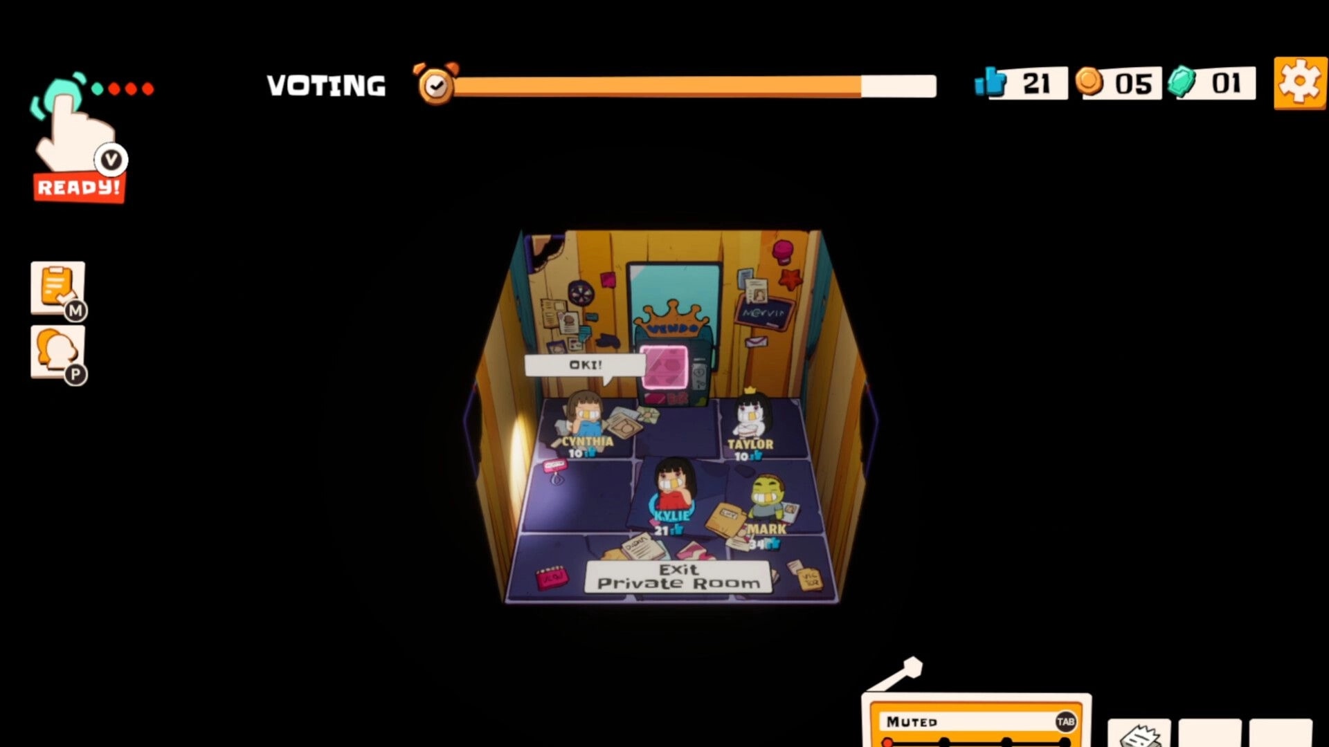 Eat the Rich: Characters Cynthia, Taylor, Kylie, and Mark in voting room with vending machine