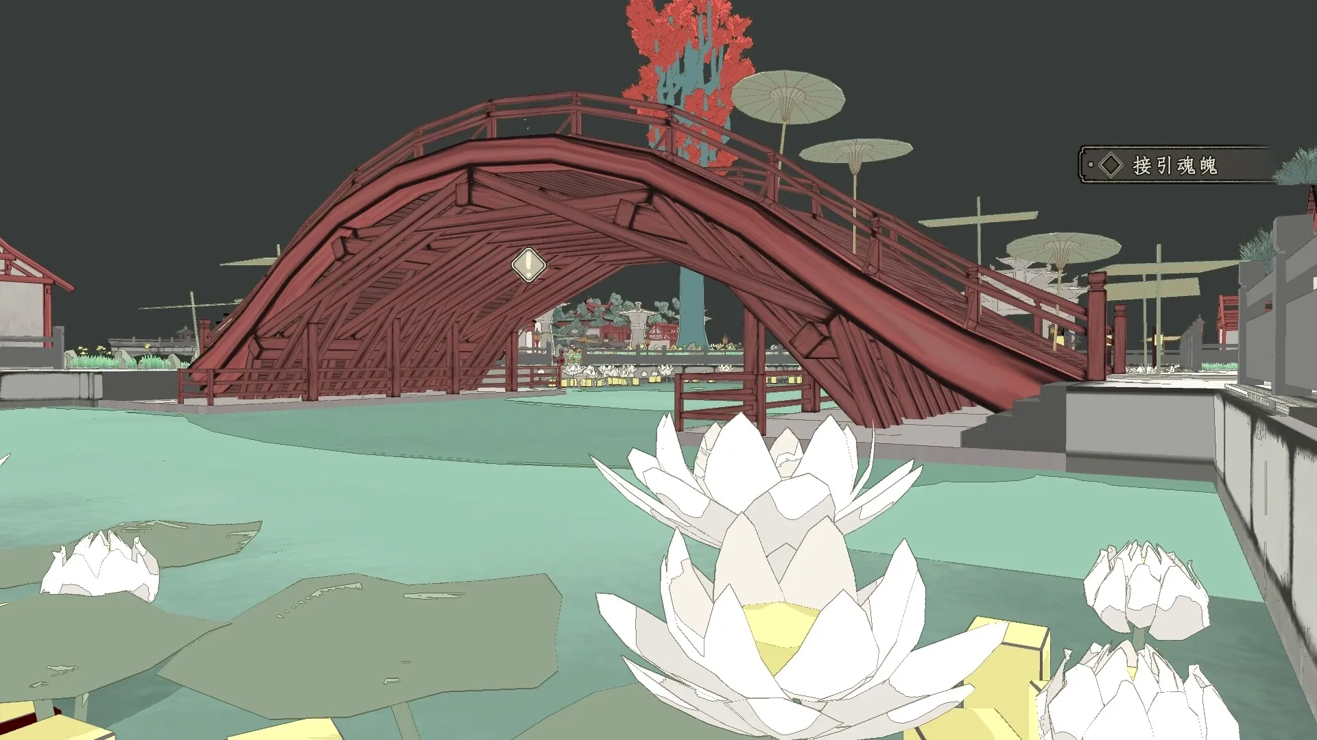 Eaves: Wooden bridge over tranquil water with lotus flowers in an ancient Chinese village setting