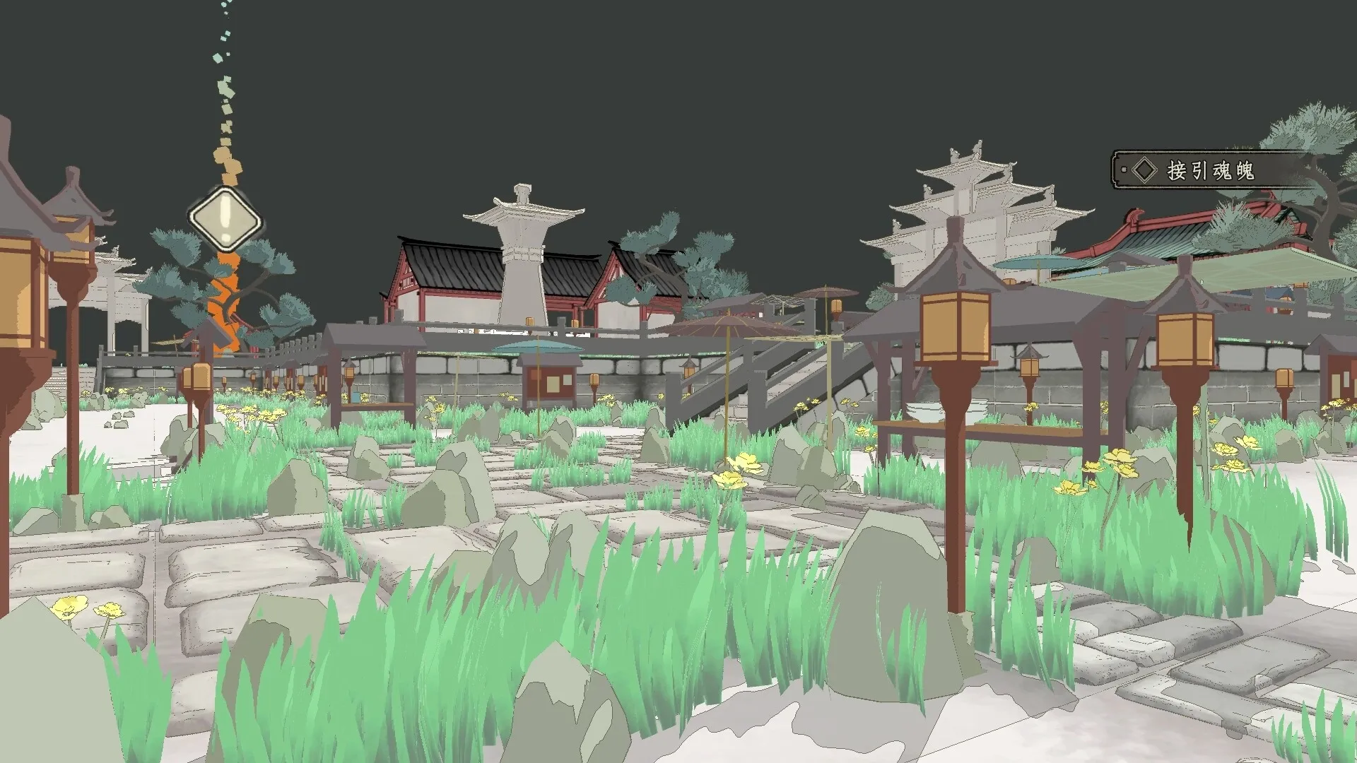 Eaves: Stone pathways and lush greenery with traditional architecture in ancient Chinese village setting