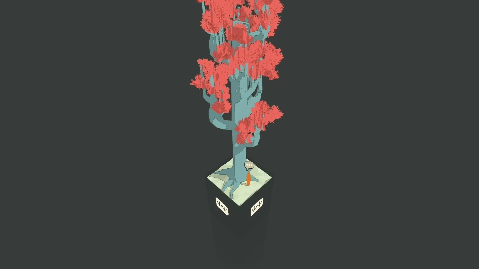 Eaves: Character stands beside a tall tree with pink foliage on a square platform in a dark setting.
