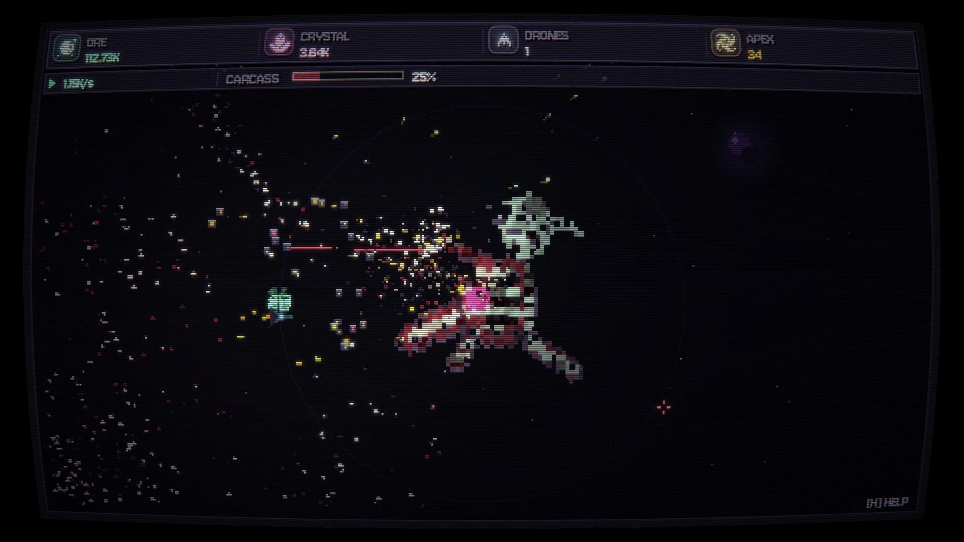 ECHIDNA: Salvage drones fire at a pixelated carcass in space, HUD shows ore and 25% progress.