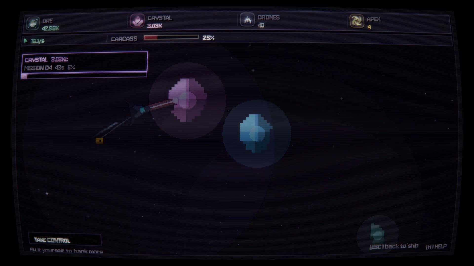 ECHIDNA: Salvage ship drills a purple node in space, with resource counters and carcass 25% bar UI.