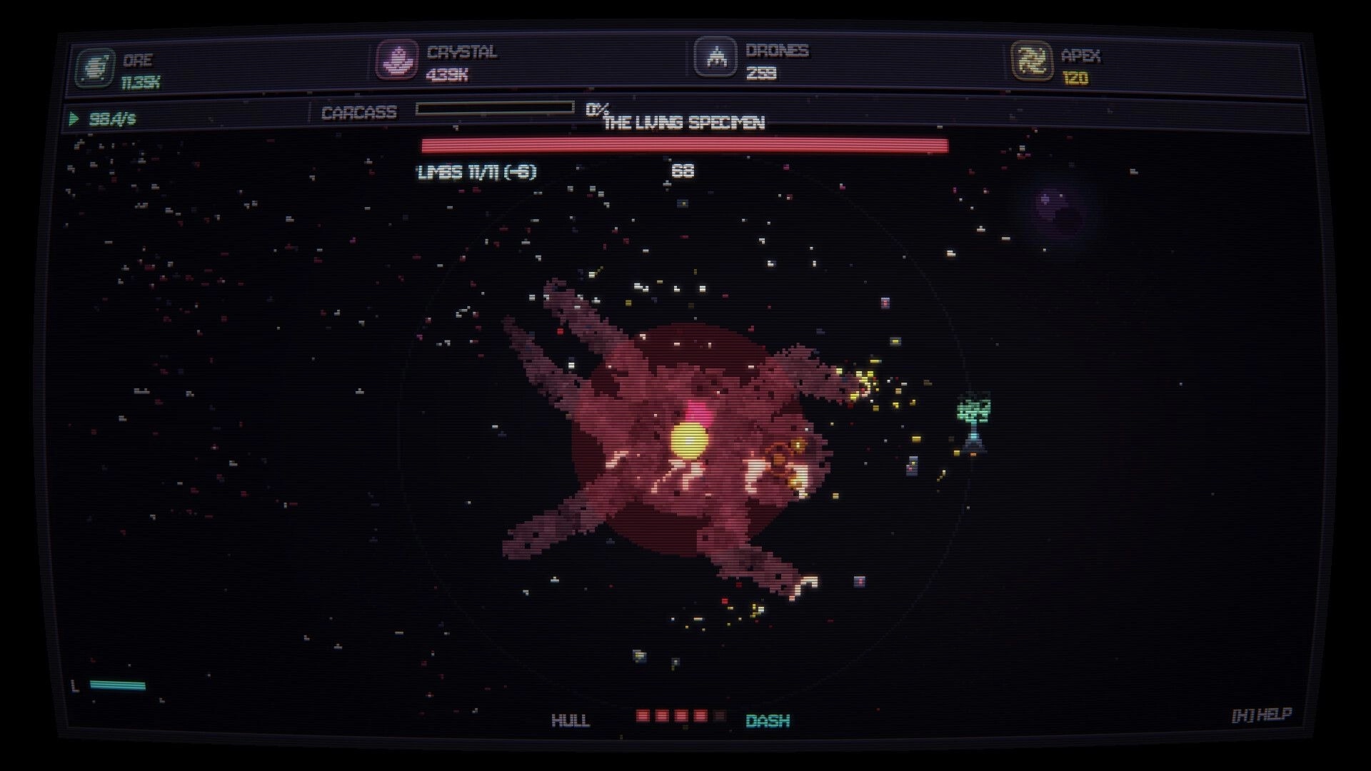 ECHIDNA: Drones mine a fleshy carcass labeled The Living Specimen in space, with resource UI bars.