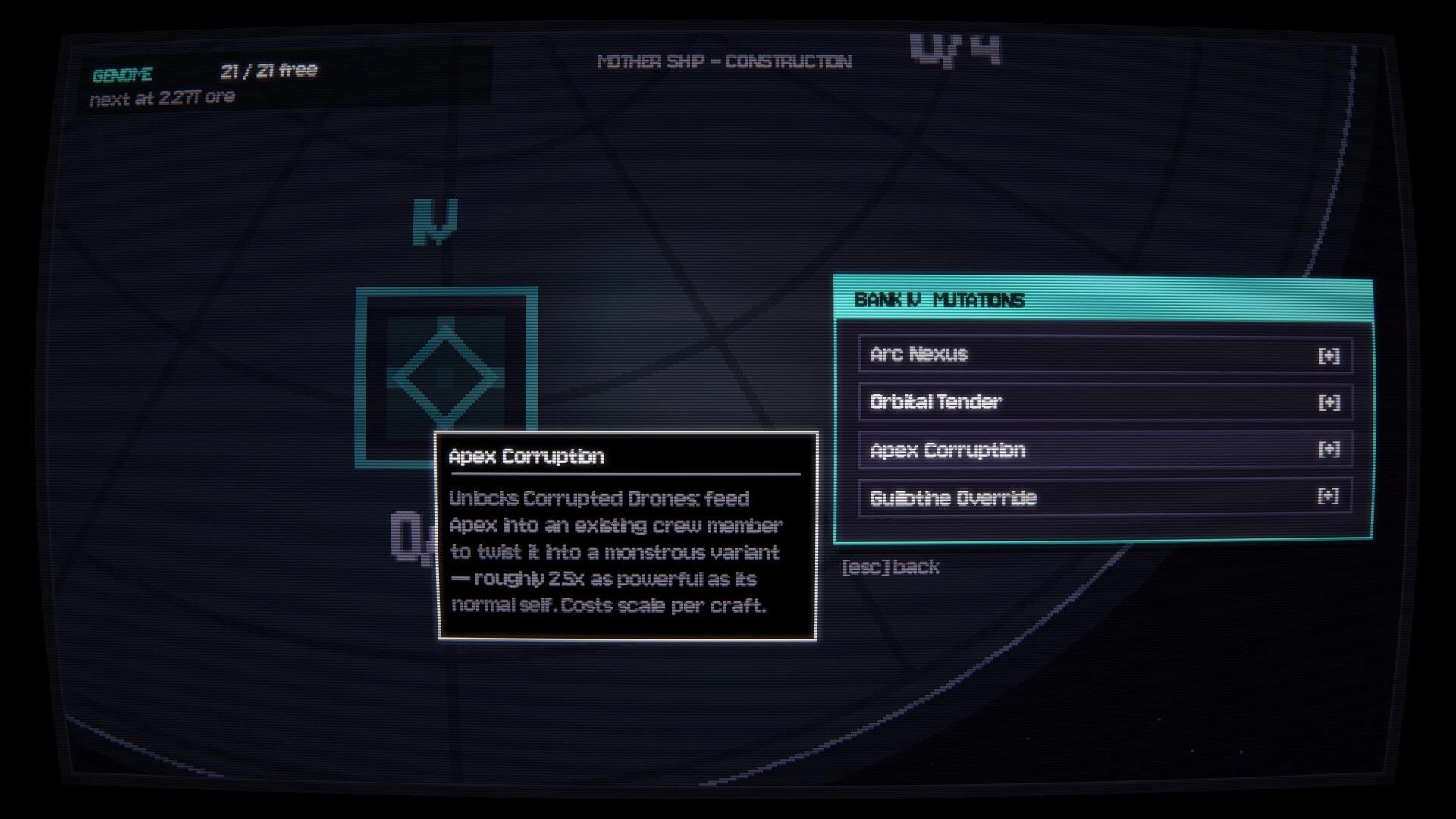 ECHIDNA: Bank V Mutations menu highlighting Apex Corruption tooltip on the Mother Ship construction screen.