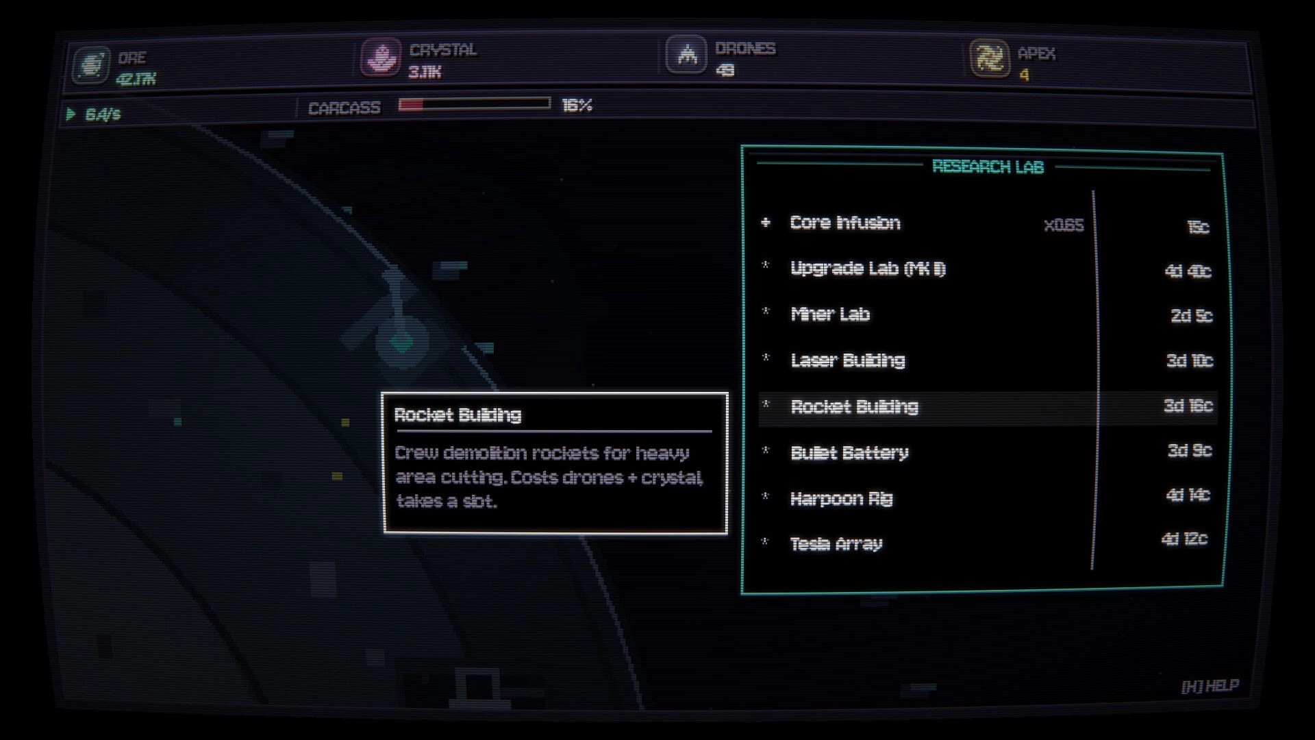 ECHIDNA: Research Lab upgrade list with Rocket Building tooltip over space map and carcass progress bar.